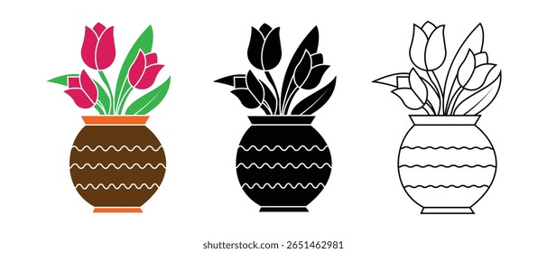 Flower vase icon, vector with flowers. Silhouette of flower vase, tulip flower. Vector illustration.