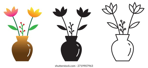 Vector del icono del florero con la flor. Tulipanes en símbolo de jarrón. Silueta de iconos de línea de flores. Ilustración vectorial.