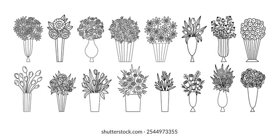 Blume in Vase Illustration mit verschiedenen Blumensträußen. Handgezeichnete niedliche Linien Kunst über Pflanzen im Inneren. Dünne lineare Zeichnung im Doodle-Stil.