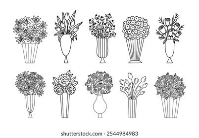 Flower in vase illustration including different floral bouquets. Hand drawn cute line art about plants in interior. Thin linear drawing in doodle style.