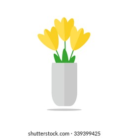 Flower vase. Vase of flower isolated icon on white background. Yellow tulips. Flat style vector illustration. 