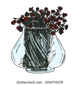 Flower vase isolated on white background. Glass vase with flowers hand drawn sketch.
