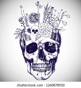 Flower vase made in skull . Hand-drawn vector illustration with field grass for your unusual design.