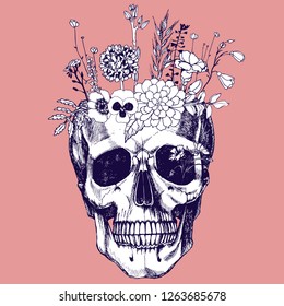 Flower vase made in skull . Hand-drawn vector illustration with field grass for your unusual design.