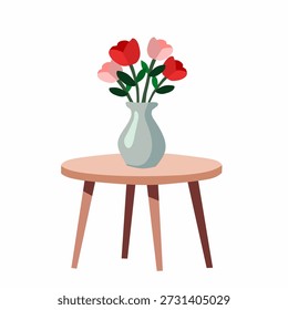 Flower vase on table in flat style for cozy romance illustration. Ideal for home decor, love scenes, interiors.