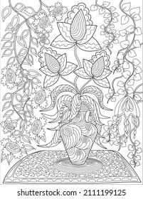 Flower Vase On Table With Roses And Assorted Flowers With Background Wall Paper Flowers Line Drawing Coloring Book