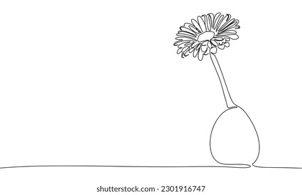 Flower in vase. One line continuous gerbera flower in vase. Line art beautiful flower in vase. Outline vector illustration.