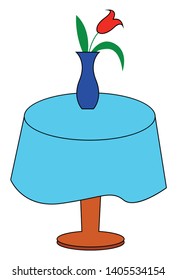 Flower vase ornament displaying red tulips over a circular wooden table covered with a blue tablecloth enhance the existing decor of any room in the home, vector, color drawing or illustration. 