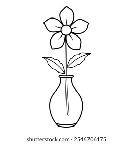 Flower in a Vase Outline Vector Illustration. This is a black and white vector illustration of a flower in a vase. The flower has five rounded petals surrounding a circular center.