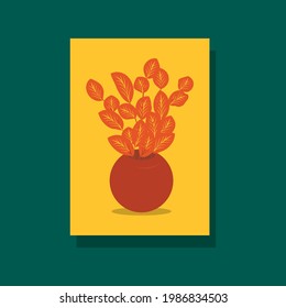 Blumenvase-Poster mit Blattdekoration auf gelbem Hintergrund