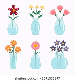 Flower in vase set banner. Different flowers. Glass vases with water. Cute colorful icon collection. Daisy, tulip, gerbera. Ceramic Pottery Glass decoration. White background. Flat design. Vector