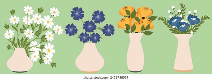 Flower in vase set. Flower blossoms in vase, bunch of plants and blooming leaves, garden decor with botanical elements. Beautiful spring summer decor.