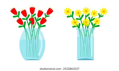 Flower in vase set. Bouquet of yellow daisy chamomile red tulip flowers collection. Transparent glass vases with blue water. Cute icon. Ceramic Pottery decoration. White background. Flat design Vector