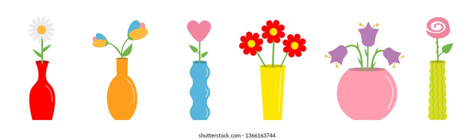 Flower in vase set. Cute colorful icon collection.  