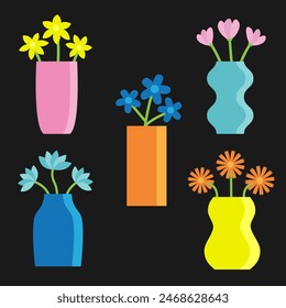 Flower in vase set. Different flowers. Glass vases icons. Cute colorful icon collection. Daisy, tulip, gerbera, narcissus. Ceramic Pottery Glass decoration. Black background. Flat design. Vector