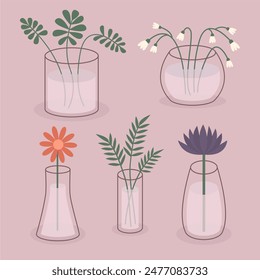 Flower in vase set. Different flowers, plant leaves. Glass vases with water. Lily of valley, daisy chamomile, gerbera, aster, icon. Ceramic Pottery decoration. Pink background. Flat design. Vector