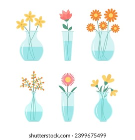 Flower in vase set. Glass vases with blue water. Cute colorful icon collection. Different flowers. Daisy, tulip, gerbera. Ceramic Pottery Glass decoration. White background. Flat design. Vector