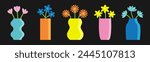 Flower in vase set line. Different flowers. Glass vases. Daisy, tulip, gerbera, narcissus. Cute colorful icon collection. Ceramic Pottery Glass decoration. Black background. Flat design. Vector