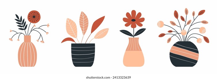 Flower in vase set line. Different flowers. Ceramic glass vases. Cute icon collection. Daisy, leaf. Pottery Glass decoration. Modern abstract aesthetic Boho art. White background. Flat design. Vector