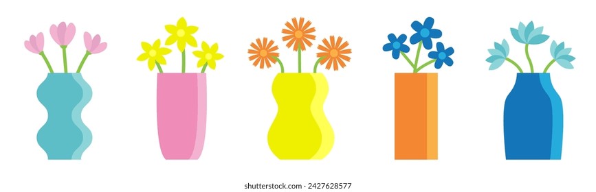 Flower in vase set line. Different flowers. Glass vases. Cute colorful icon collection. Daisy, tulip, gerbera, narcissus. Ceramic Pottery Glass decoration. White background. Flat design. Vector