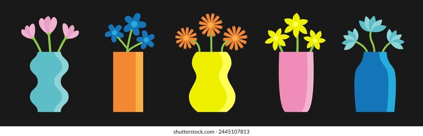 Flower in vase set line. Different flowers. Glass vases. Daisy, tulip, gerbera, narcissus. Cute colorful icon collection. Ceramic Pottery Glass decoration. Black background. Flat design. Vector