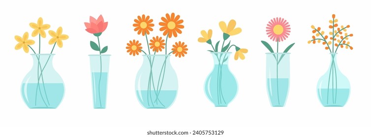 Flower in vase set line. Glass vases with blue water. Different flowers. Cute colorful icon collection. Daisy, tulip, gerbera. Ceramic Pottery Glass decoration. White background. Flat design. Vector