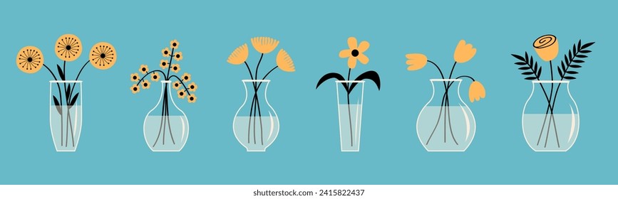 Flower in vase set line. Glass vases with water. Different yellow flowers. Cute icon collection. Daisy, rose, tulip, gerbera. Ceramic Pottery Glass decoration. Blue background. Flat design. Vector