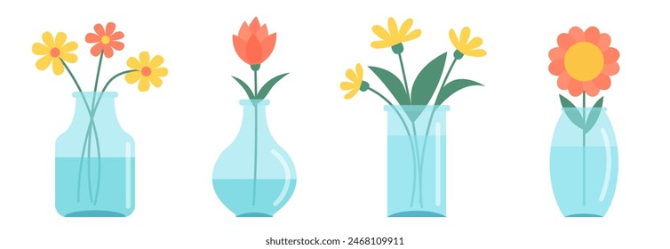 Flower in vase set line. Transparent glass vases with blue water. Different flowers. Cute colorful icon collection. Daisy Tulip Gerbera. Ceramic Pottery decoration. White background Flat design Vector