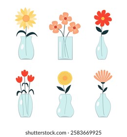 Flower in vase set line. Transparent glass vases with water. Different flowers. Daisy, gerbera, tulip. Cute colorful icon collection. Ceramic Pottery decoration. Flat design. White background. Vector