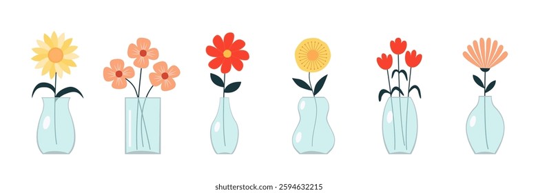 Flower vase set line. Transparent glass vases with blue water. Different flowers. Daisy, tulip, gerbera. Cute colorful icon collection. Ceramic Pottery decoration. White background. Flat design Vector