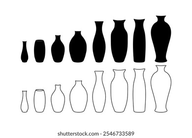 Flower vase set silhouette , line art, vector illustration isolated on white background