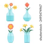 Flower in vase set. Transparent glass vases with blue water. Different flowers. Daisy, tulip, gerbera. Cute colorful icon collection. Ceramic Pottery decoration. White background. Flat design. Vector