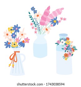 Flower vase set vector illustration. Isolated Vases with spring and summer flowers. Use clipart icons for card decor, summer party invitations, wedding, birthday, boho style