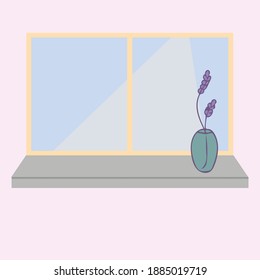 Flower in vase standing in front of a window. 