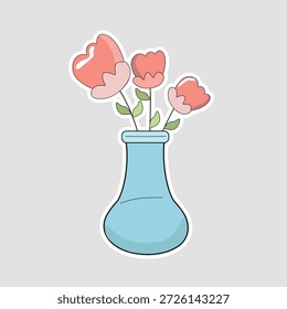 Adesivo de vaso de flor. Uma ilustração vetorial de um vaso azul preenchido com flores cor-de-rosa, perfeito para temas de decoração, desenhos florais e cartões de saudação