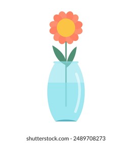 Flor en jarrón. Jarrones de vidrio transparente con agua azul. Colección de flores rosas. Daisy, Gerbera. Linda colección de iconos coloridos. Decoración de cerámica. Fondo blanco. Diseño plano. Vector