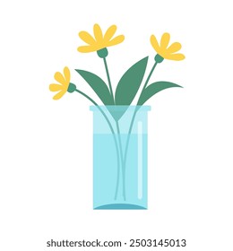 Flower in vase. Transparent glass vases with blue water. Yellow flowers collection. Daisy, gerbera. Cute colorful icon collection. Ceramic Pottery decoration. White background. Flat design. Vector