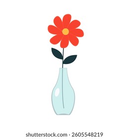 Flower in vase. Transparent glass vases with blue water. Red flowers collection. Daisy chamomile gerbera. Cute colorful icon. Ceramic Pottery decoration. White background. Isolated. Flat design Vector
