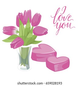Flower vase and two pink hearts boxes. Flower vase isolated icon on white background. Vase of flowers. Pink tulips. Flat style vector. I love you lettering