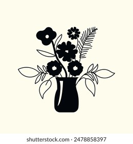 Blumenvase, Blumentopf-Ikone der Vektorgrafik, Schwarz-Weiß-Silhouetten-Illustration, Silhouetten-Design. Perfekt für das Branding, diese Abbildung.