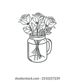 Flower vase, vector roses flowers pot icon,illustration silhouette image ,botanical lines art flower, Minimalist contour drawing of flower. line drawing of botany.