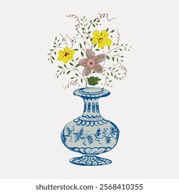 Flower vase vintage illustration, vintage vector element. flower vase. Vintage flower in vase art drawing illustration, old vase with botanical floral plant painting, vector art print.