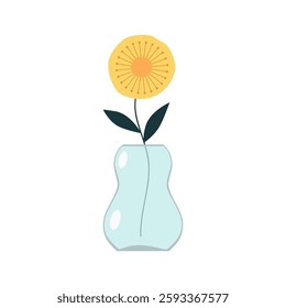 Flower in vase. Yellow flowers collection. Transparent glass vases with blue water. Cute colorful icon. Ceramic Pottery decoration. Flat design. White background. Isolated. Vector illustration