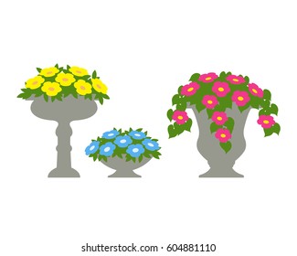 Flower vases with growing flowers. Flat colored floristic icons isolated on white.