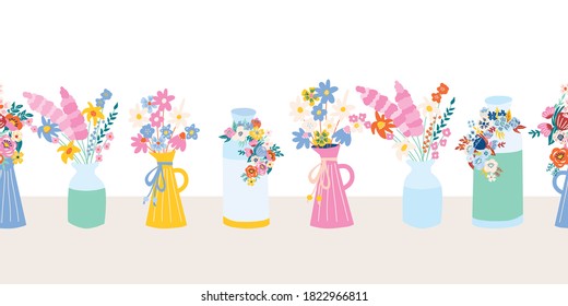 Flower vases seamless vector border. Repeating horizontal pattern vases with spring and summer flowers. Use for fabric trim, ribbons, duct tape, card decor, summer party invitations, wedding decor