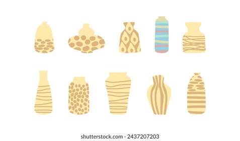 flower vases set. Retro  pottery and ceramics. Empty vessels designs of different shapes and forms in trendy style  isolated on white background. Flat vector illustration 
