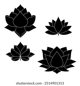 flower vector art water lily icon. Yoga lotus symbol, flower of well-being and healthy lifestyle, elegant blooming. Editable stroke thin line set. Natural black plant elements on white background
