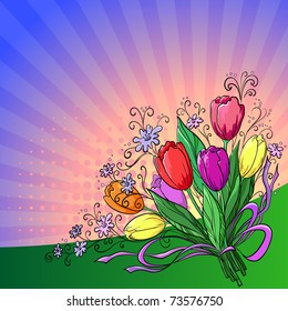 Flower vector background, bouquet tulips flowers and sun rays