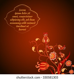 Flower vector background. Flowers in scarlet, red-yellow, orange shades. Ethnic motifs. Place for your text