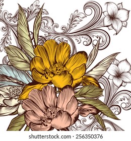 Flower vector background with peony flowers and ornament